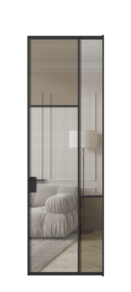Межкомнатная дверь Mosaic АЛПЛ041.10 Алюминий Черный Декоративное стекло с сеткой "Mesh silver", триплекс, 6 мм + Прозрачное бронзовое стекло, триплекс Цена 160290 ₽ | Volhovec