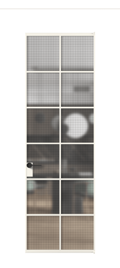 Алюминиевая дверь АЛПЛ040.05 Алюминий пудровый белый Декоративное стекло с сеткой "Mesh silver", триплекс Цена 121772  | Volhovec