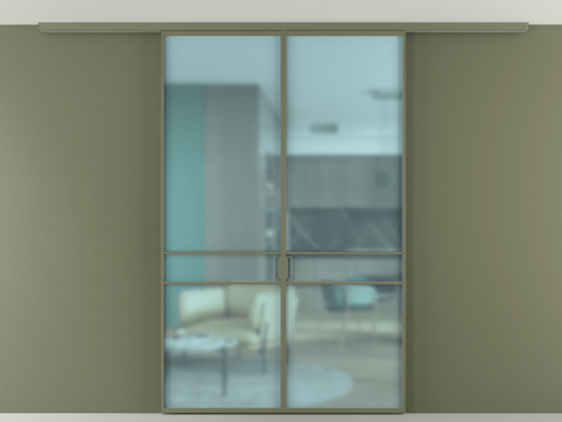 Перегородка Formato вдоль стены на потолок 2 створки АЛПР 040.02 Алюминий оливковый тёмный Сатинированное голубое стекло, триплекс Цена 194876 ₽ | Volhovec