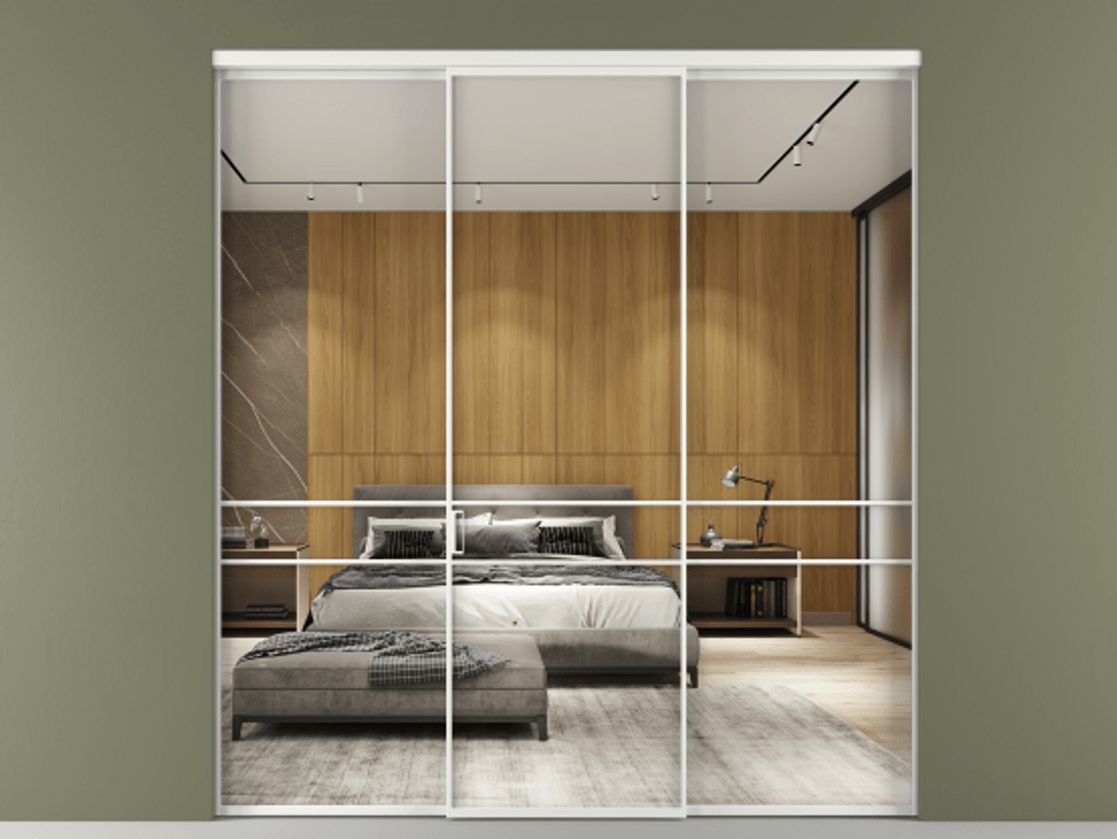 Перегородка Formato внутри проёма трёхстворчатая АЛПР 040.02 Алюминий белоснежный Двустороннее зеркало, триплекс 6 мм, триплекс 6 мм Цена 276600 ₽ | Volhovec