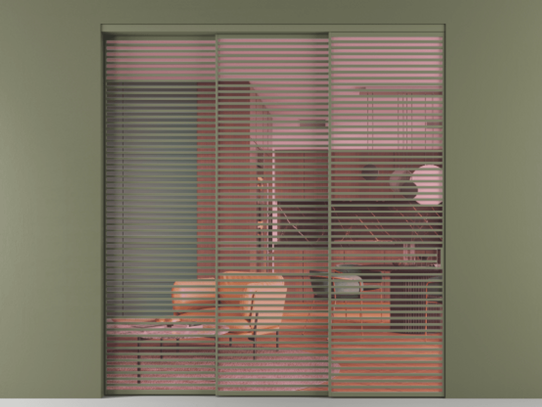 Перегородка Formato внутри проёма 3 створки с синхронным механизмом АЛПР 040.07 Алюминий оливковый тёмный Прозрачное розовое стекло, триплекс Цена 579740 ₽  | Volhovec