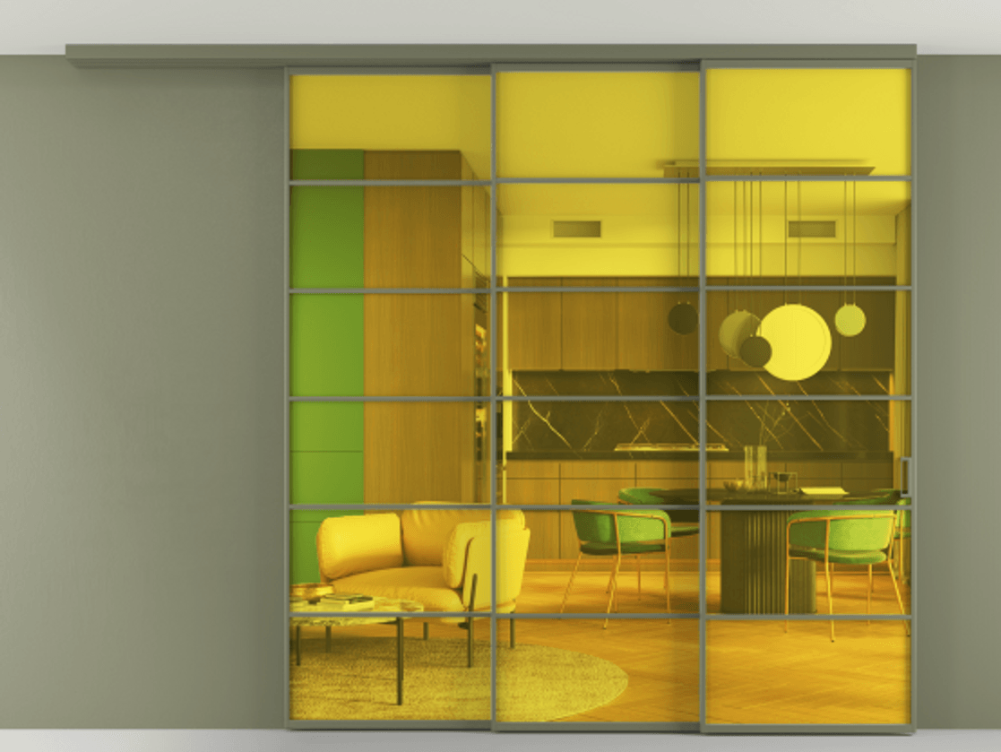 Перегородка Formato вдоль стены на потолок 3 створки с синхронным механизмом АЛПР 040.04 Алюминий оливковый тёмный Прозрачное жёлтое стекло, триплекс Цена 416956 ₽ | Volhovec