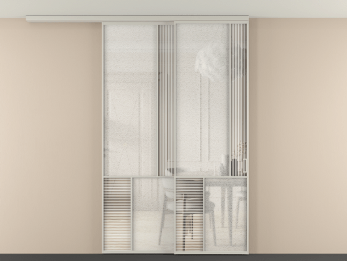 Перегородка Мозаик вдоль стены на потолок 2 створки с синхронным механизмом АЛПР 041.21 Алюминий тёплый серый Рифлёное стекло "Дюна", триплекс, 6 мм + Фактурное стекло "Лёд", триплекс Цена 375980 ₽ | Volhovec