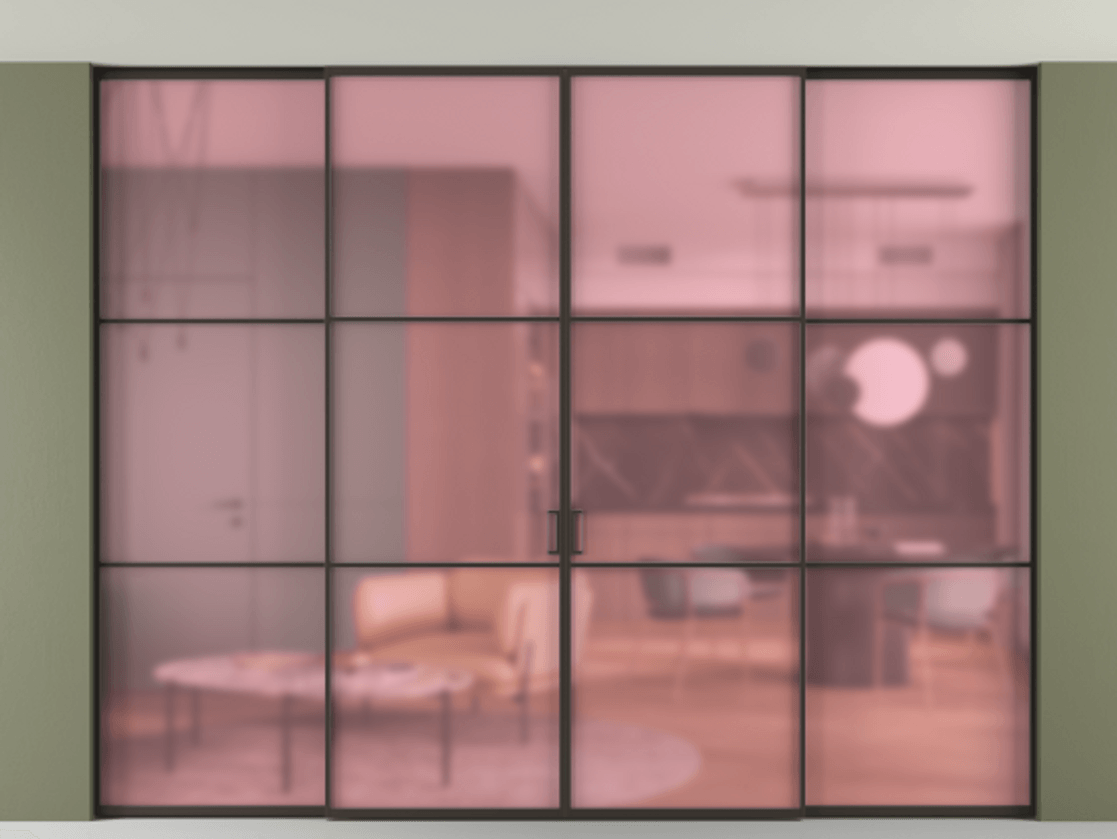 Перегородка Формато внутри проёма скрытое крепление в потолок 4 створки АЛПР 040.03 Алюминий антрацит Сатинированное розовое стекло, триплекс Цена 457052 ₽ | Volhovec