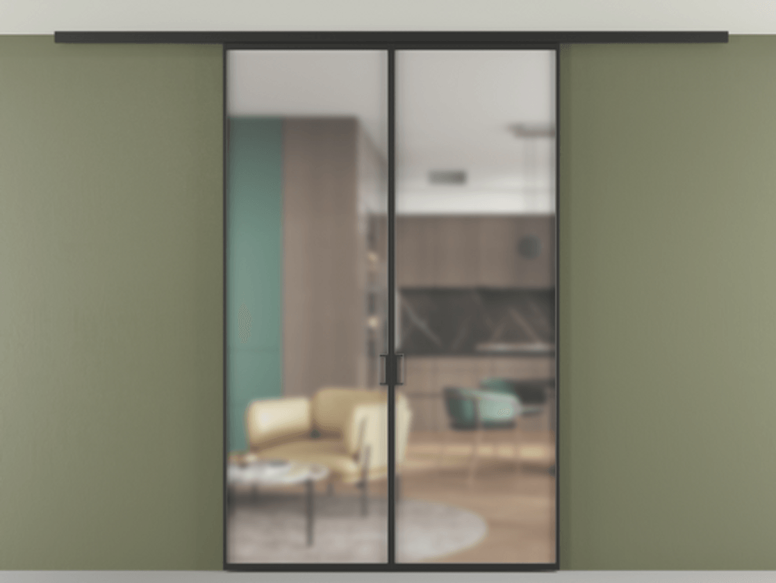 Перегородка Formato вдоль стены на потолок двустворчатая АЛПР 040.01 Алюминий Черный Сатинированное стекло "Matelux Crystal Vision", калёное, матовое, каленое 6 мм Цена 223460 ₽ | Volhovec