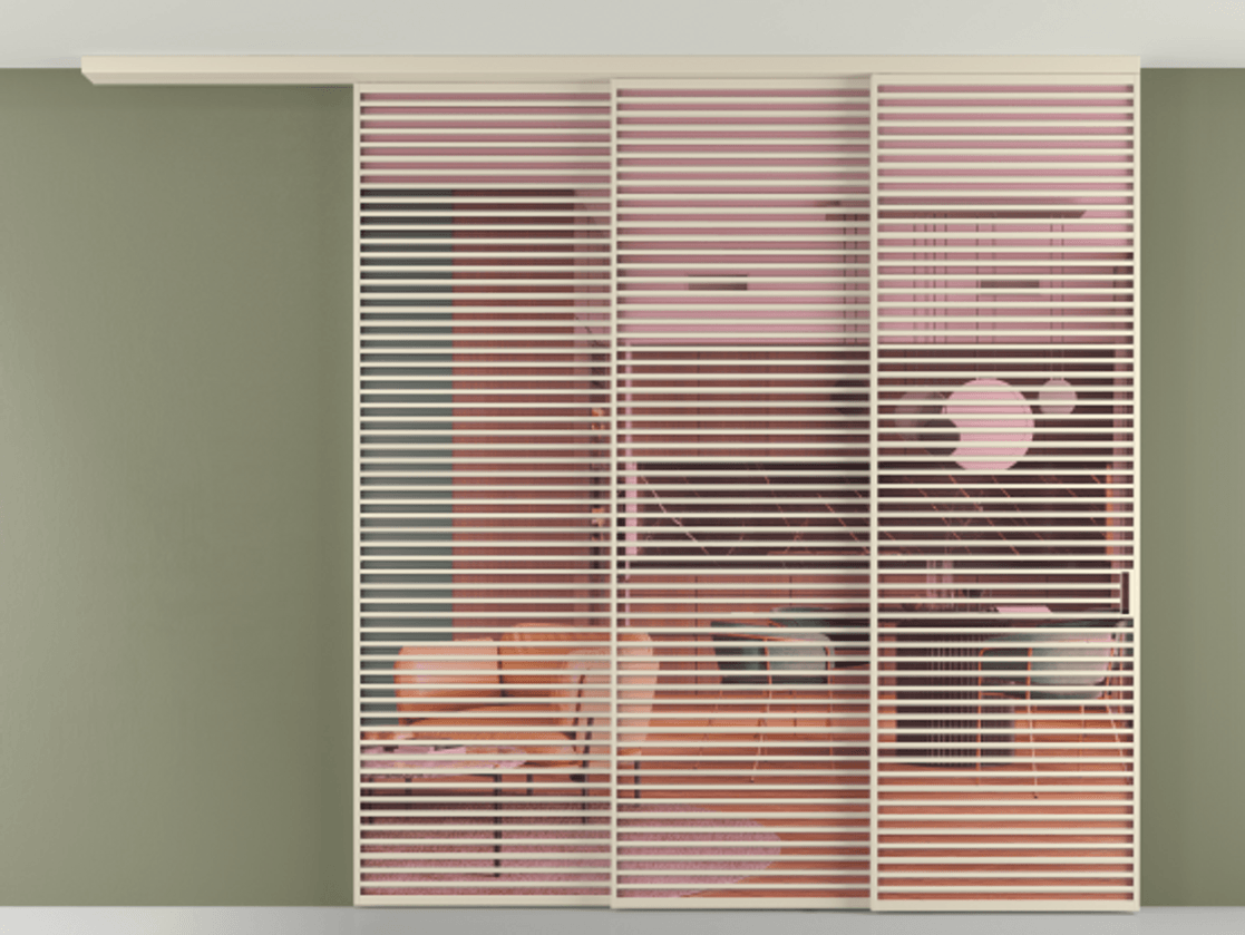 Перегородка Formato вдоль стены на потолок 3 створки с синхронным механизмом АЛПР 040.07 Алюминий бежево-серый Прозрачное розовое стекло, триплекс Цена 655084 ₽ | Volhovec