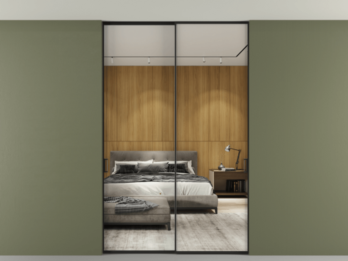 Перегородка Formato внутри проёма двустворчатая со скрытым креплением в потолок АЛПР 040.01 Алюминий Черный Двустороннее зеркало, триплекс , триплекс 6 мм Цена 240988 ₽ | Volhovec