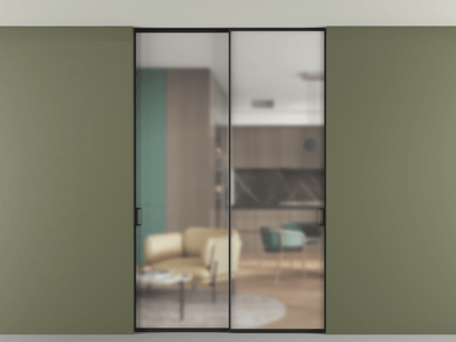 Алюминевая перегородка p2_01 Matelux Crystalvision ЧЕР. Цвет Алюминий Черный. Материал Алюминий. Коллекция Перегородка Formato внутри проёма двустворчатая со скрытым креплением в потолок. Картинка.