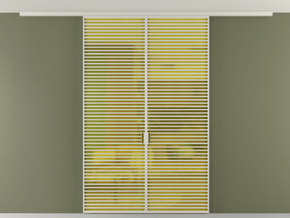 Алюминевая перегородка vd2_07 Алюминий тёплый серый Сатинированное жёлтое стекло, триплекс, 6мм. Цвет Алюминий тёплый серый. Материал Алюминий в эмали. Коллекция Перегородка Formato вдоль стены на потолок двустворчатая. Картинка.