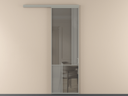 Алюминевая перегородка vd1_1_АНСР_Серый сатин триплекс+Серый триплекс_new. Цвет Алюминий нейтральный серый. Материал Алюминий в эмали. Коллекция Перегородка Mosaic вдоль стены одностворчатая. Картинка.