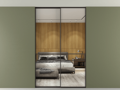 Алюминевая перегородка АЛПР 040.02_ААН_Зеркало триплекс_new. Цвет Алюминий антрацит. Материал Алюминий в эмали. Коллекция Перегородка Formato внутри проёма двустворчатая со скрытым креплением в потолок. Картинка.