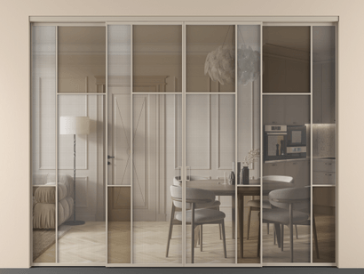 Алюминевая перегородка vnt4_5_АБСК_MS+Бронза триплекс_new. Цвет Алюминий бисквитный. Материал Алюминий в эмали. Коллекция Перегородка Mosaic внутри проёма четырёхстворчатая. Картинка.