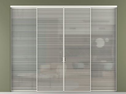 Алюминевая перегородка АЛПР 040.07_АСР_Серый сатин триплекс_new. Цвет Алюминий серый. Материал Алюминий в эмали. Коллекция Перегородка Formato внутри проёма четырёхстворчатая. Картинка.