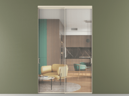 Алюминевая перегородка vn2_01_ Алюминий бежево-серый Moru. Цвет Алюминий бежево-серый. Материал Алюминий в эмали. Коллекция Перегородка Formato внутри проёма двустворчатая. Картинка.