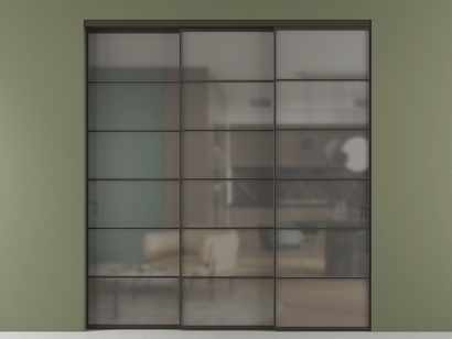 Алюминевая перегородка АЛПР 040.04_ААН_Серый сатин триплекс_new. Цвет Алюминий антрацит. Материал Алюминий в эмали. Коллекция Перегородка Formato внутри проёма телескопик синхро 2. Картинка.