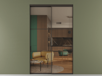 Алюминевая перегородка АЛПР 040.03_ААН_Бронза триплекс_new. Цвет Алюминий антрацит. Материал Алюминий в эмали. Коллекция Перегородка Formato внутри проёма двустворчатая. Картинка.