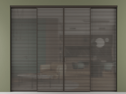 Алюминевая перегородка АЛПР 040.07_ААН_Серый сатин триплекс_new. Цвет Алюминий антрацит. Материал Алюминий в эмали. Коллекция Перегородка Formato внутри проёма четырёхстворчатая. Картинка.