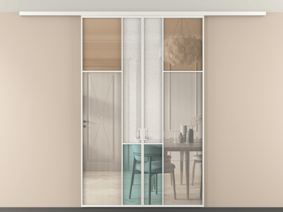 Алюминевая перегородка vdp2_7 Алюминий светло-серый Четыре стекла. Цвет Алюминий светло-серый. Материал Алюминий в эмали. Коллекция Перегородка Mosaic вдоль стены на потолок 2 створки. Картинка.