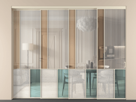 Алюминевая перегородка vntl4_3 Алюминий бежево-серый Четыре стекла. Цвет Алюминий бежево-серый. Материал Алюминий в эмали. Коллекция Перегородка Mosaic внутри проёма 4 створки с синхронным механизмом. Картинка.