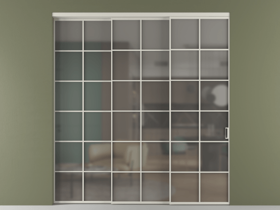 Алюминевая перегородка vn3_05_ Алюминий тёплый серый Серый сатин матовое. Цвет Алюминий тёплый серый. Материал Алюминий в эмали. Коллекция Перегородка Formato внутри проёма 3 створки с синхронным механизмом. Картинка.