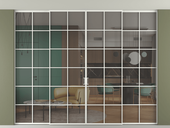 Алюминевая перегородка vn2+2_05 Алюминий светло-серый Серый прозрачное. Цвет Алюминий светло-серый. Материал Алюминий в эмали. Коллекция Перегородка Formato внутри проёма скрытое крепление в потолок 4 створки. Картинка.