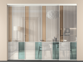 Алюминевая перегородка vntl4_3 Алюминий светло-серый Четыре стекла. Цвет Алюминий светло-серый. Материал Алюминий в эмали. Коллекция Перегородка Mosaic внутри проёма 4 створки с синхронным механизмом. Картинка.