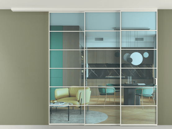 Алюминевая перегородка АЛПР 040.04_АСР_ПРОЗ ГОЛ_new. Цвет Алюминий серый. Материал Алюминий в эмали. Коллекция Перегородка Formato вдоль стены на потолок 3 створки с синхронным механизмом. Картинка.