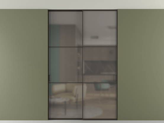 Алюминевая перегородка АЛПР 040.03_ААН_Серый сатин триплекс_new. Цвет Алюминий антрацит. Материал Алюминий в эмали. Коллекция Перегородка Formato внутри проёма скрытое крепление в потолок 2 створки. Картинка.