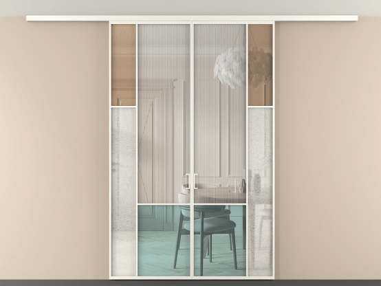 Алюминевая перегородка vdp2_6 Алюминий пудровый белый Четыре стекла. Цвет Алюминий пудровый белый. Материал Алюминий в эмали. Коллекция Перегородка Mosaic вдоль стены на потолок 2 створки. Картинка.