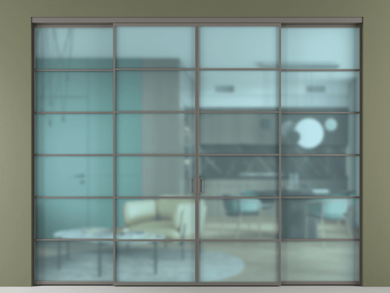 Алюминевая перегородка АЛПР 040.04_АКЛС_САТ ГОЛ_new. Цвет Алюминий классический серый. Материал Алюминий в эмали. Коллекция Перегородка Formato внутри проёма 4 створки. Картинка.