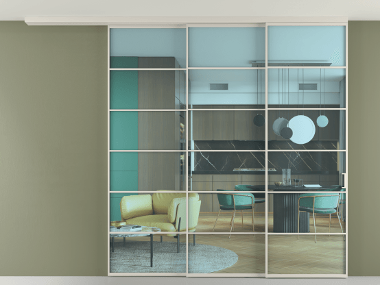 Алюминевая перегородка АЛПР 040.04_АОС_ПРОЗ ГОЛ_new. Цвет Алюминий облачно-серый. Материал Алюминий в эмали. Коллекция Перегородка Formato вдоль стены на потолок 3 створки с синхронным механизмом. Картинка.