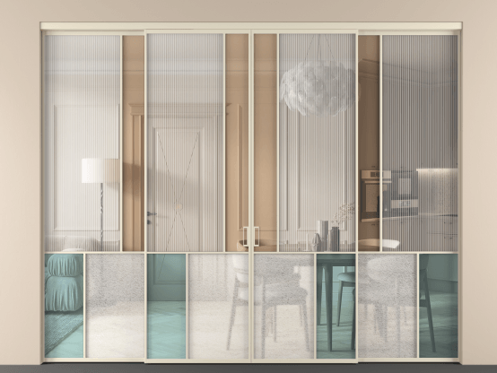 Алюминевая перегородка vnt4_1 Алюминий бежево-серый Четыре стекла. Цвет Алюминий бежево-серый. Материал Алюминий в эмали. Коллекция Перегородка Mosaic внутри проёма 4 створки. Картинка.