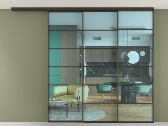 Алюминевая перегородка АЛПР 040.04_ААН_ПРОЗ ГОЛ_new. Цвет Алюминий антрацит. Материал Алюминий в эмали. Коллекция Перегородка Formato вдоль стены на потолок 3 створки с синхронным механизмом. Картинка.