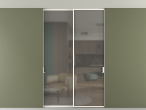 Алюминевая перегородка vn2_01 Алюминий пудровый белый Серый сатин матовое. Цвет Алюминий пудровый белый. Материал Алюминий в эмали. Коллекция Перегородка Формато внутри проёма скрытое крепление в потолок 2 створки. Картинка.