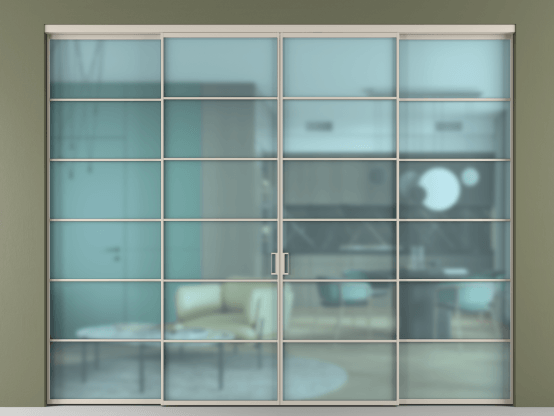 Алюминевая перегородка АЛПР 040.04_АСБЖ_САТ ГОЛ_new. Цвет Алюминий светло-бежевый. Материал Алюминий в эмали. Коллекция Перегородка Formato внутри проёма 4 створки. Картинка.