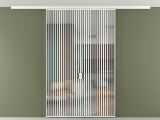 Алюминевая перегородка АЛПР 040.06_АБЛ_Matelux Crystalvision_new. Цвет Алюминий белоснежный. Материал Алюминий в эмали. Коллекция Перегородка Formato вдоль стены на потолок 2 створки. Картинка.