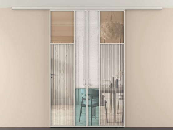 Алюминевая перегородка vdp2_7 Алюминий тёплый серый Четыре стекла. Цвет Алюминий тёплый серый. Материал Алюминий в эмали. Коллекция Перегородка Mosaic вдоль стены на потолок 2 створки. Картинка.