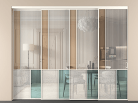 Алюминевая перегородка vntl4_3 Алюминий пудровый белый Четыре стекла. Цвет Алюминий пудровый белый. Материал Алюминий в эмали. Коллекция Перегородка Mosaic внутри проёма 4 створки с синхронным механизмом. Картинка.