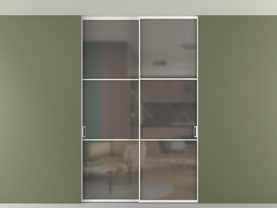 Алюминевая перегородка vn2_03 Алюминий пудровый белый Серый сатин матовое. Цвет Алюминий пудровый белый. Материал Алюминий в эмали. Коллекция Перегородка Formato внутри проёма скрытое крепление в потолок 2 створки. Картинка.