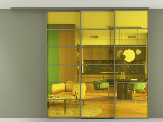 Алюминевая перегородка АЛПР 040.04_АОТ_ПРОЗ ЖЕЛ_new. Цвет Алюминий оливковый тёмный. Материал Алюминий в эмали. Коллекция Перегородка Formato вдоль стены на потолок 3 створки с синхронным механизмом. Картинка.