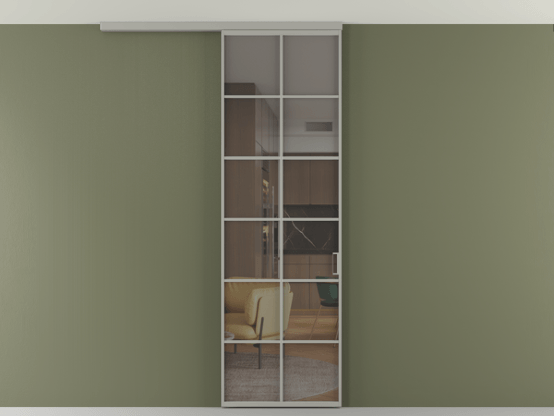 Алюминевая перегородка АЛПР 040.05_АНСР_Серый триплекс_new. Цвет Алюминий нейтральный серый. Материал Алюминий в эмали. Коллекция Перегородка Формато вдоль стены на потолок 1 створка. Картинка.