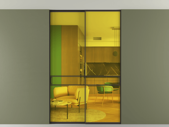 Алюминевая перегородка АЛПР 040.02_ААН_ПРОЗ ЖЕЛ_new. Цвет Алюминий антрацит. Материал Алюминий в эмали. Коллекция Перегородка Формато внутри проёма скрытое крепление в потолок 2 створки. Картинка.