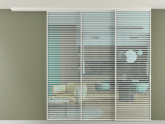 Алюминевая перегородка АЛПР 040.07_БЕЛ_ПРОЗ ГОЛ_new. Цвет Алюминий Белый. Материал Алюминий. Коллекция Перегородка Formato вдоль стены на потолок 3 створки с синхронным механизмом. Картинка.