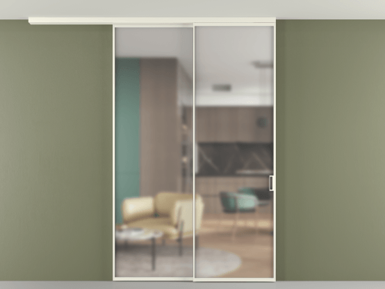 Алюминевая перегородка АЛПР 040.01_АЖМ_Matelux Crystalvision_new. Цвет Алюминий жемчужный. Материал Алюминий в эмали. Коллекция Перегородка Formato вдоль стены на потолок 2 створки с синхронным механизмом. Картинка.