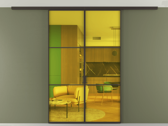 Алюминевая перегородка АЛПР 040.03_ААН_ПРОЗ ЖЕЛ_new. Цвет Алюминий антрацит. Материал Алюминий в эмали. Коллекция Перегородка Формато вдоль стены на потолок 2 створки. Картинка.