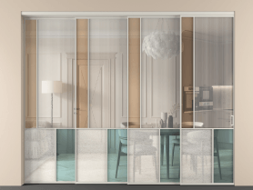 Алюминевая перегородка vntl4_3 Алюминий тёплый серый Четыре стекла. Цвет Алюминий тёплый серый. Материал Алюминий в эмали. Коллекция Перегородка Mosaic внутри проёма 4 створки с синхронным механизмом. Картинка.