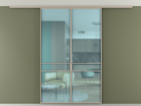 Алюминевая перегородка АЛПР 040.02_АБСК_САТ ГОЛ_new. Цвет Алюминий бисквитный. Материал Алюминий в эмали. Коллекция Перегородка Formato вдоль стены на потолок 2 створки. Картинка.