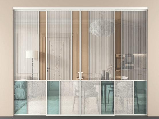 Алюминевая перегородка vnt4_1 Алюминий светло-серый Четыре стекла. Цвет Алюминий светло-серый. Материал Алюминий в эмали. Коллекция Перегородка Mosaic внутри проёма 4 створки. Картинка.