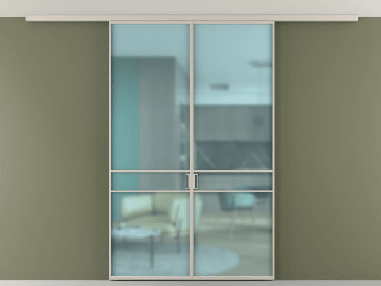 Алюминевая перегородка АЛПР 040.02_АСБЖ_САТ ГОЛ_new. Цвет Алюминий светло-бежевый. Материал Алюминий в эмали. Коллекция Перегородка Formato вдоль стены на потолок 2 створки. Картинка.