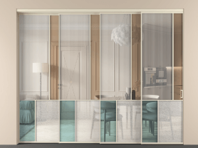 Алюминевая перегородка vntl4_1 Алюминий бежево-серый Четыре стекла. Цвет Алюминий бежево-серый. Материал Алюминий в эмали. Коллекция Перегородка Mosaic внутри проёма 4 створки с синхронным механизмом. Картинка.